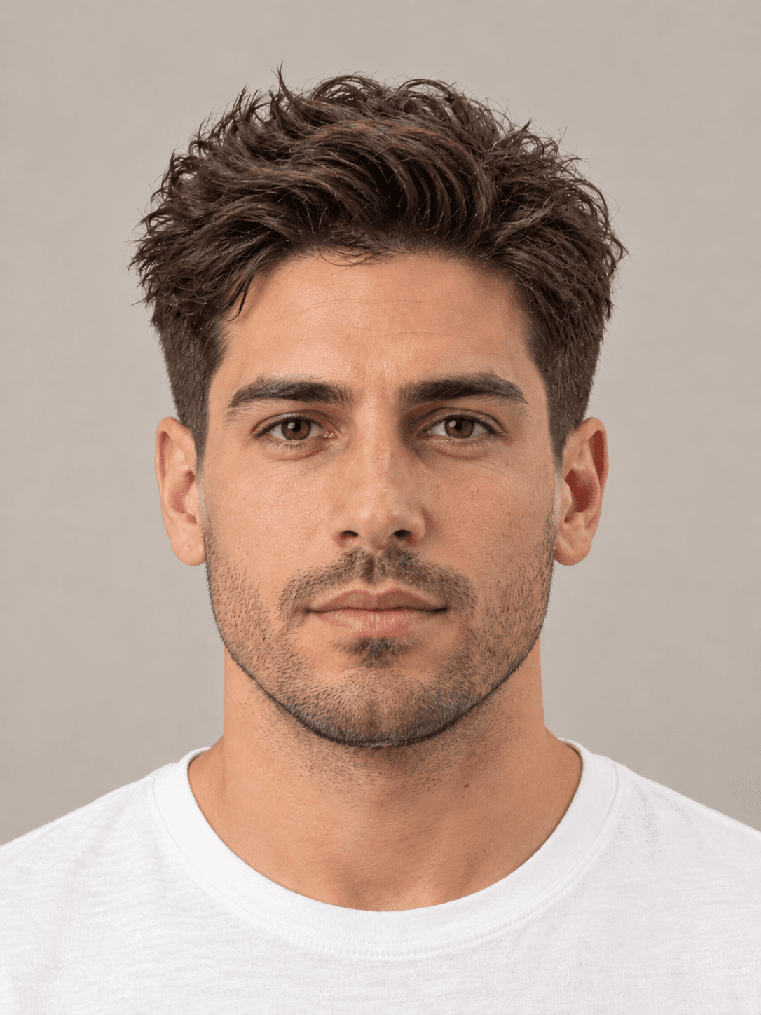 Low Taper Fade on a man with wavy dark brown hair, front view