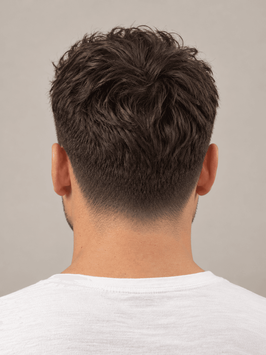 Low Taper Fade on a man with wavy dark brown hair, back view