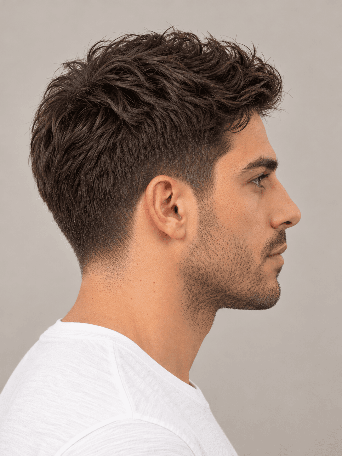 Low Taper Fade on a man with wavy dark brown hair, side view