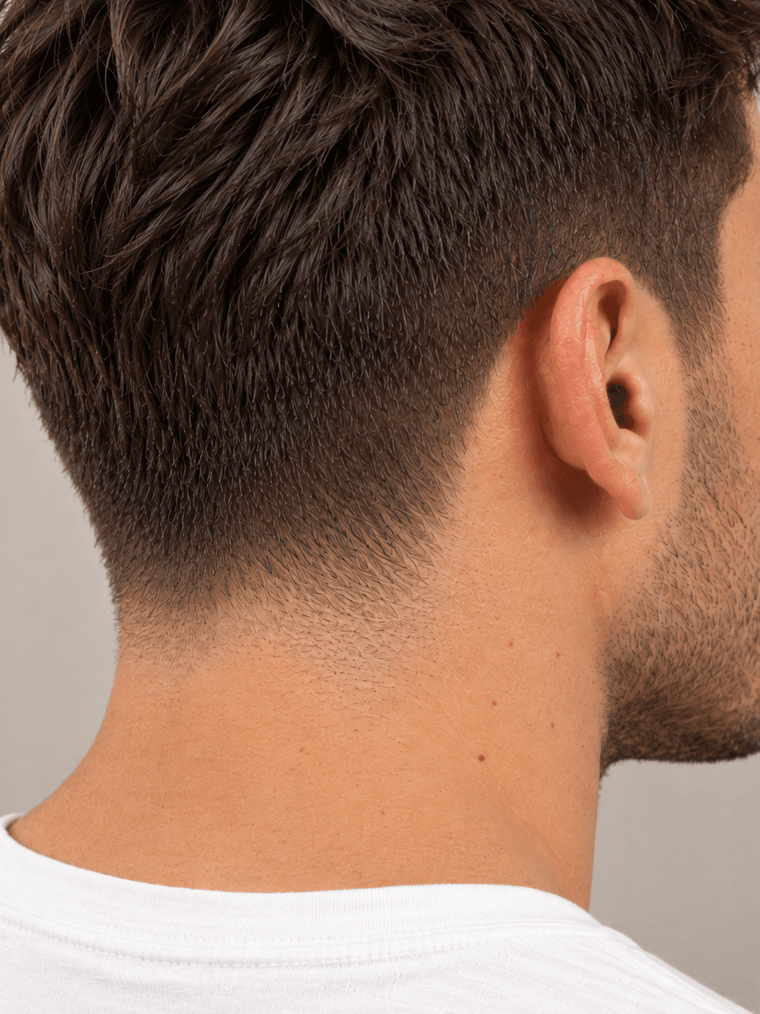 Low Taper Fade on a man with wavy dark brown hair, close-up of the taper at the nape and behind the ear