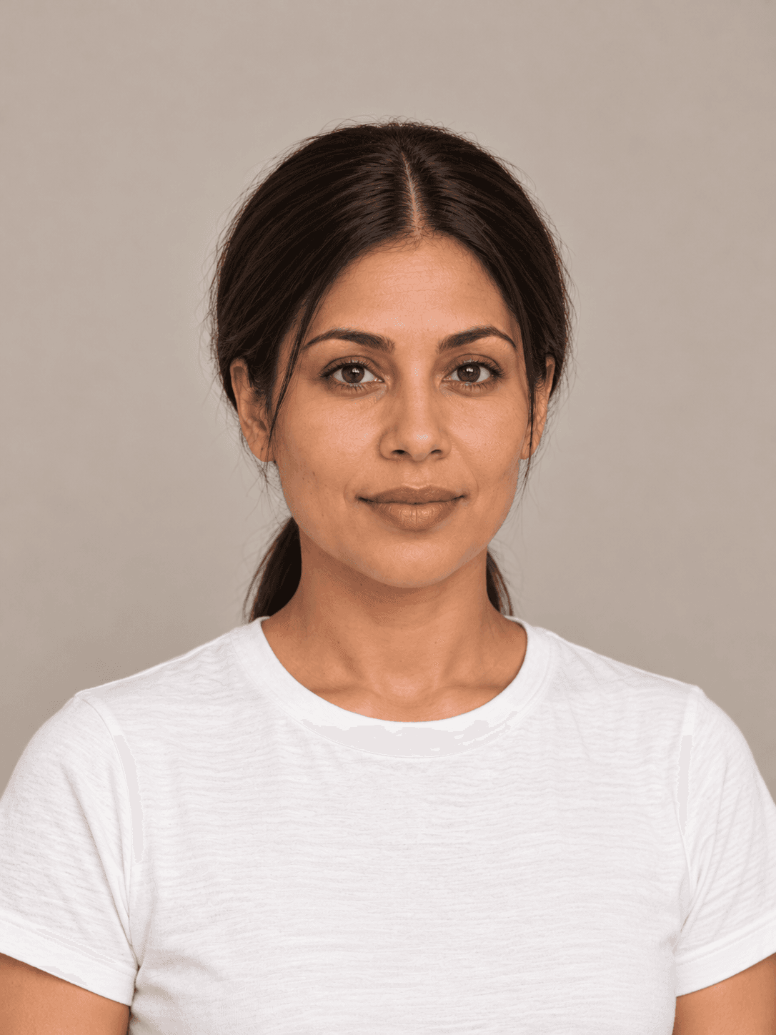 Low Ponytail with Wrapped Base on a woman with light brown skin and dark brown hair, front view