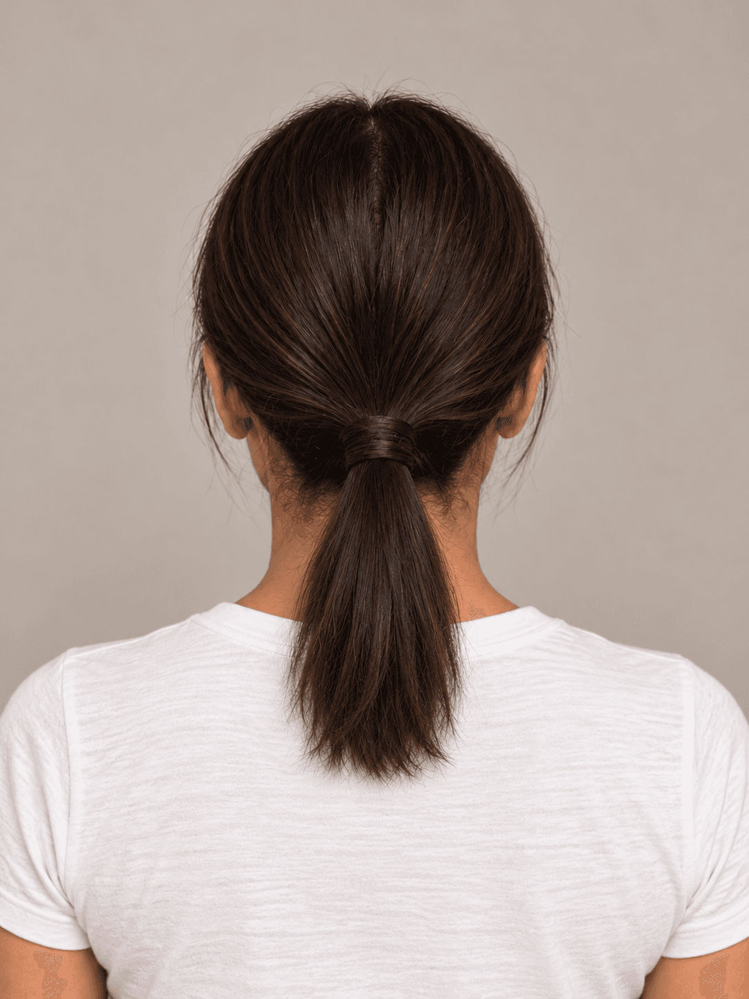 Low Ponytail with Wrapped Base on a woman with light brown skin and dark brown hair, back view
