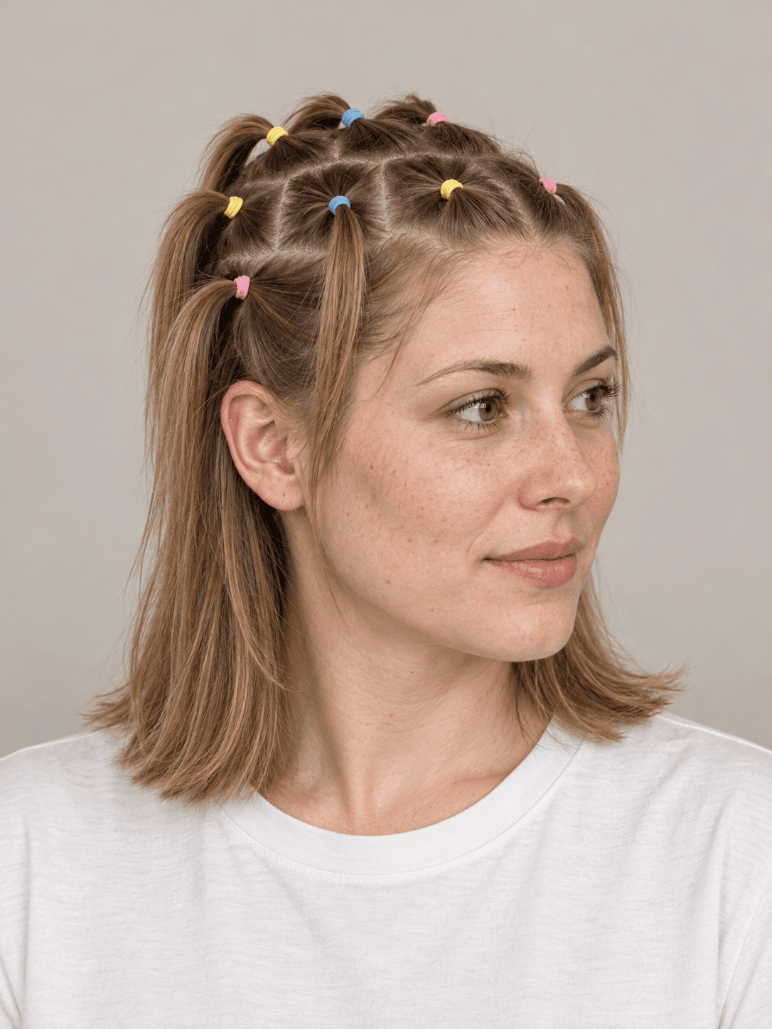 Mini Ponytail Grid on a woman with fair skin and light brown hair, three-quarter view