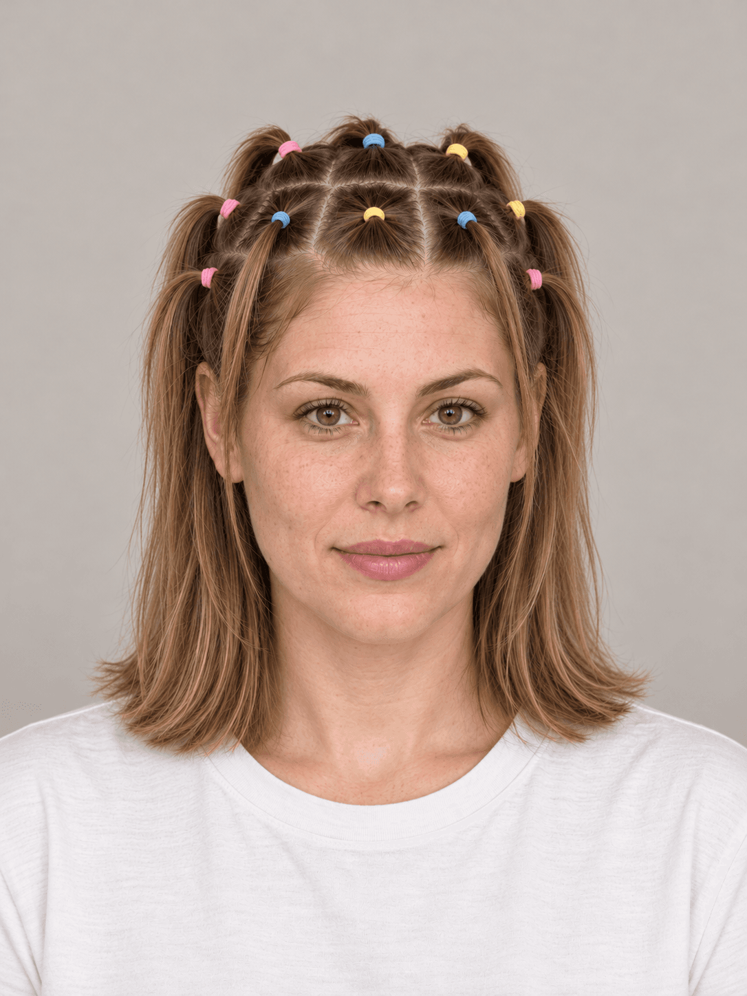 Mini Ponytail Grid on a woman with fair skin and light brown hair, front view