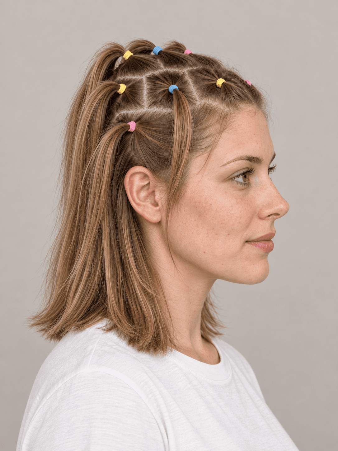 Mini Ponytail Grid on a woman with fair skin and light brown hair, side view