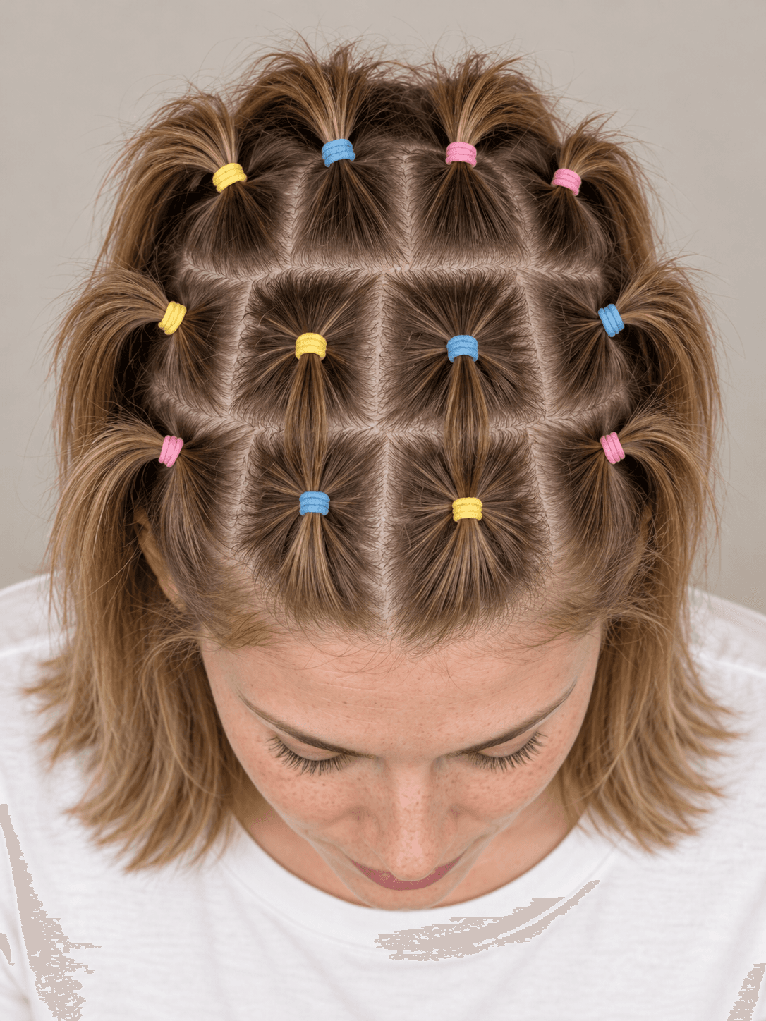 Mini Ponytail Grid on a woman with fair skin and light brown hair, close view from above of the grid of parts and the coloured bands