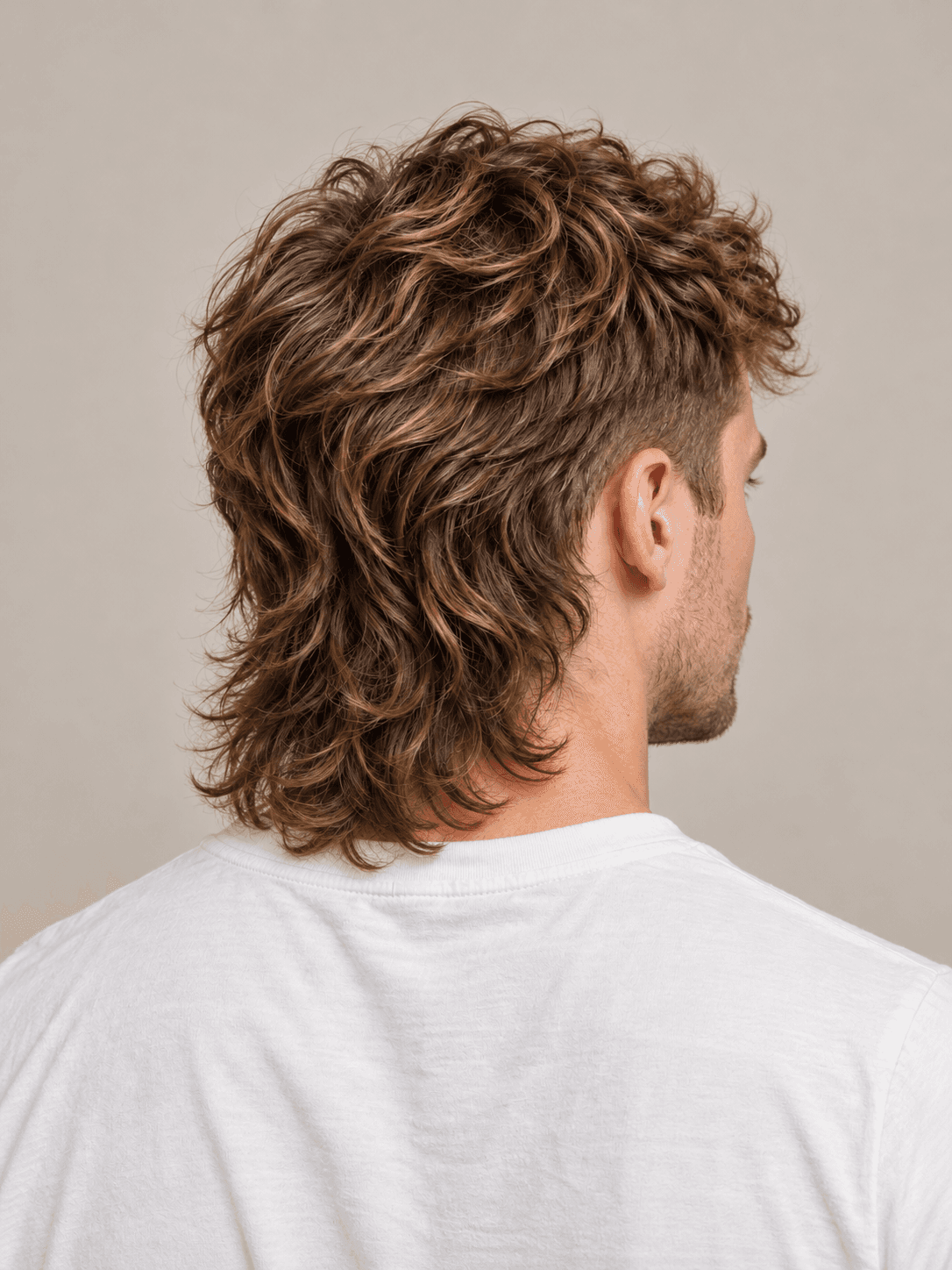 Modern Mullet on a man with wavy light brown hair, three-quarter view