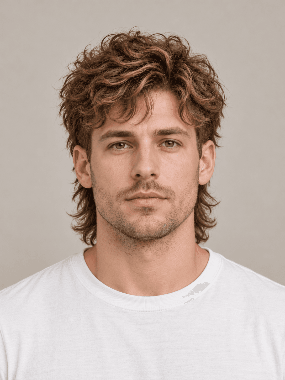 Modern Mullet on a man with wavy light brown hair, front view