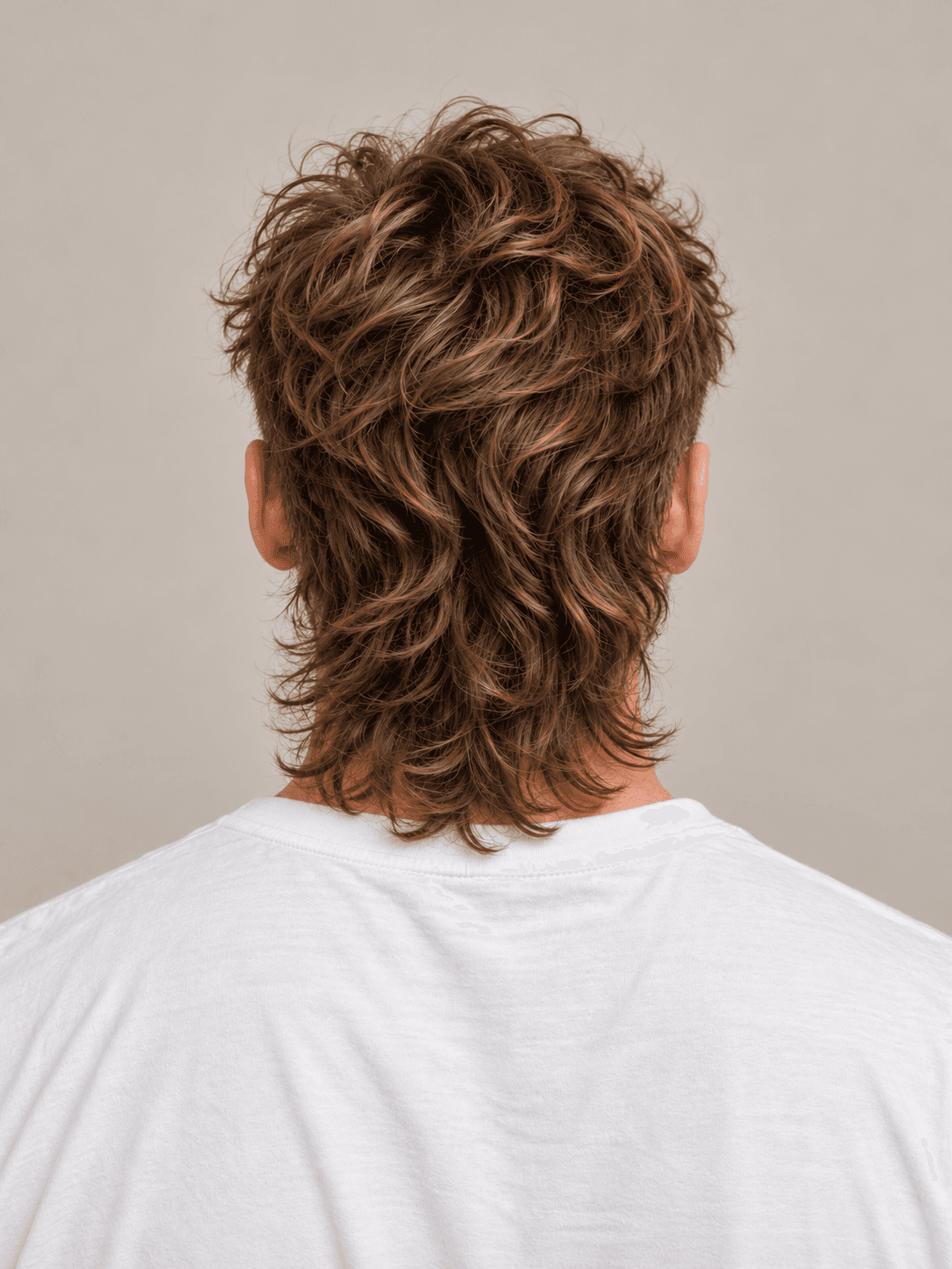 Modern Mullet on a man with wavy light brown hair, back view