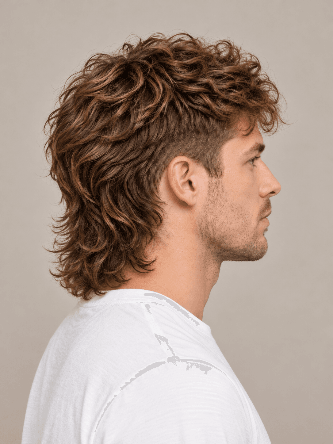 Modern Mullet on a man with wavy light brown hair, side view