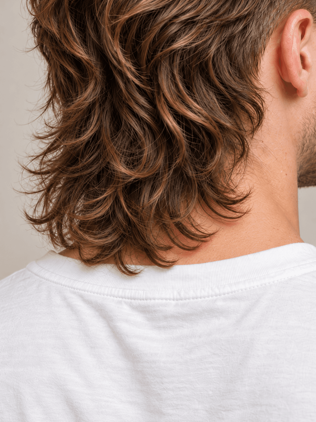 Modern Mullet on a man with wavy light brown hair, close-up of the long back falling to the collar