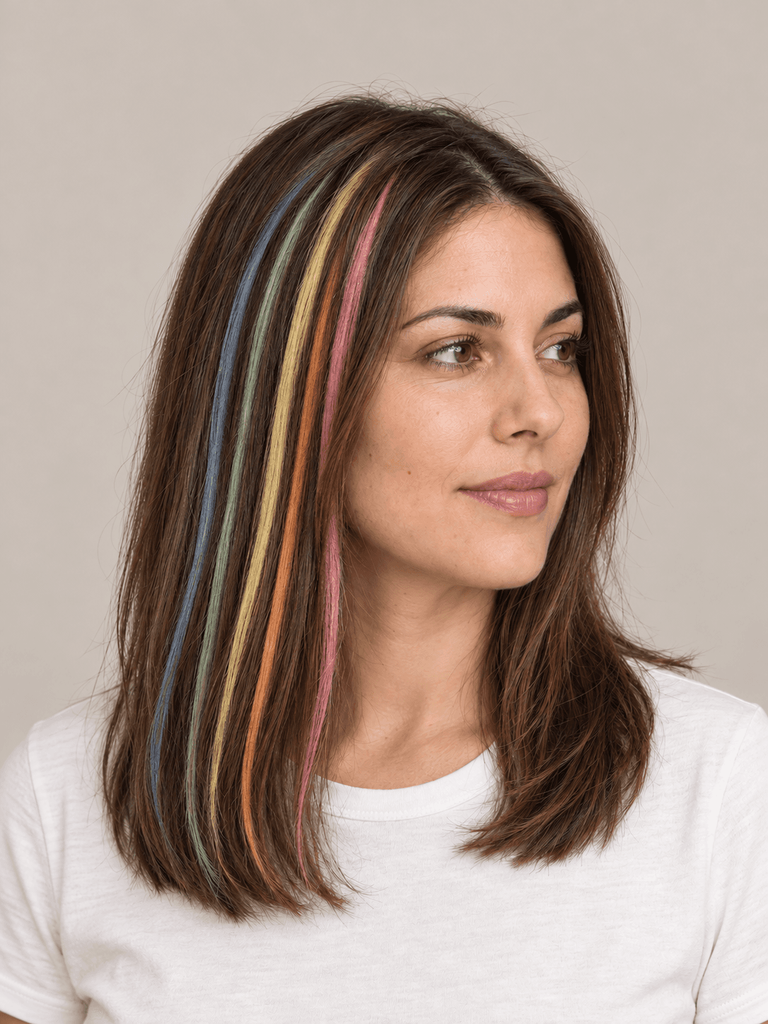 Rainbow Chalk Streaks on a woman with light skin and brown hair, three-quarter view