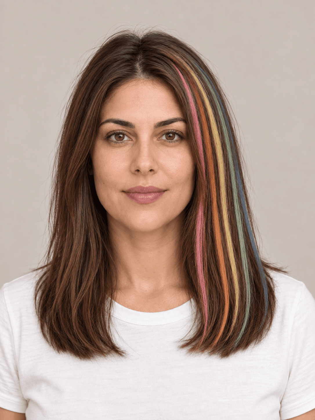 Rainbow Chalk Streaks on a woman with light skin and brown hair, front view