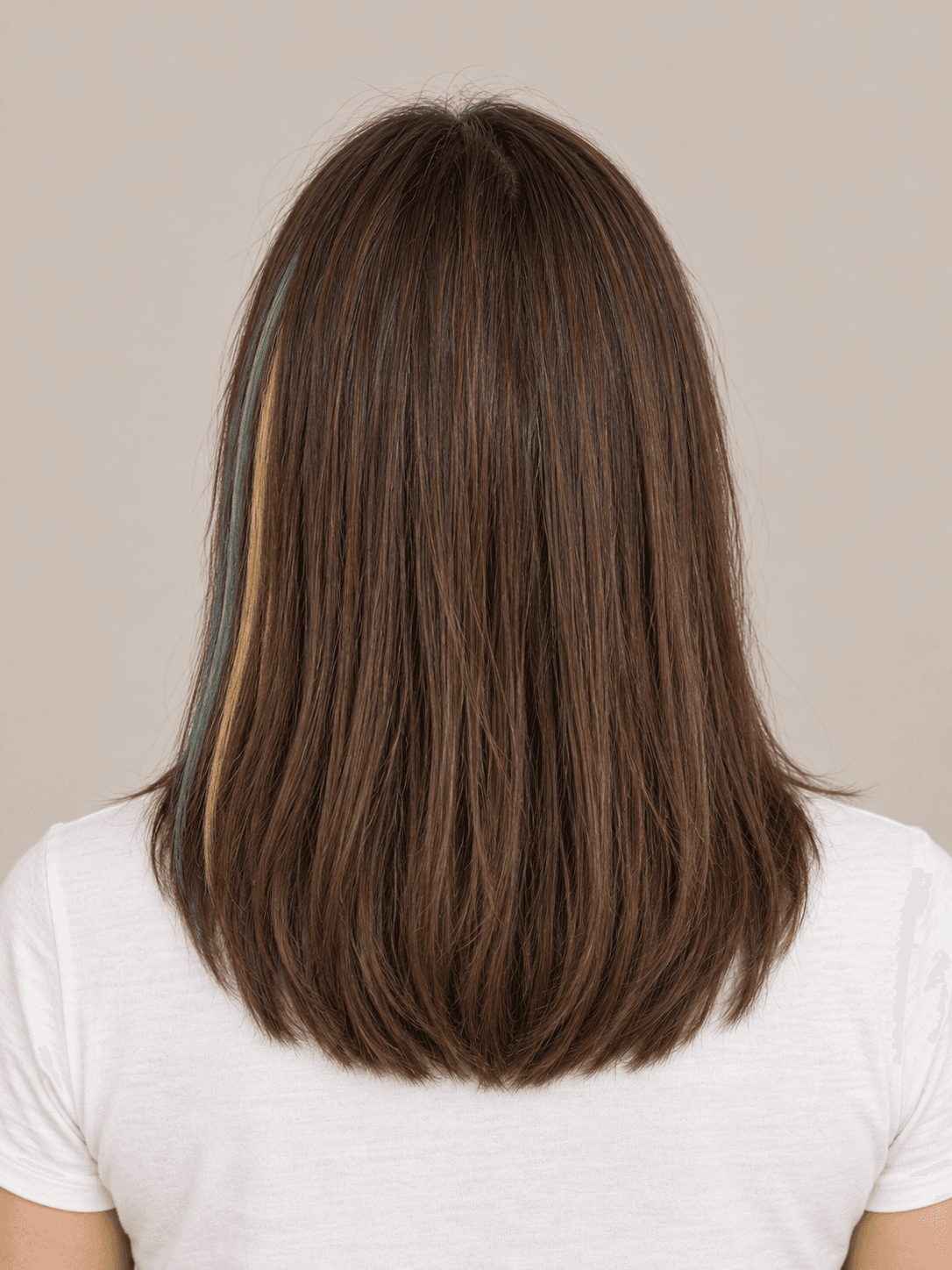 Rainbow Chalk Streaks on a woman with light skin and brown hair, back view