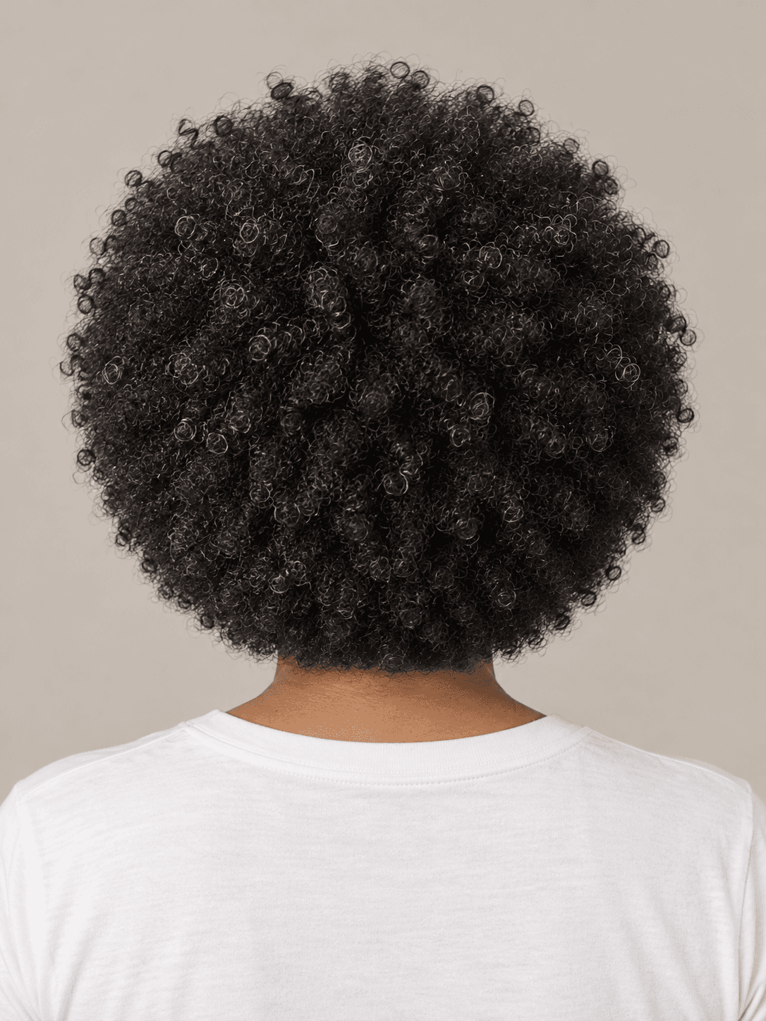 Rounded afro on a woman with medium brown skin and coily black hair with a few silver strands, back view