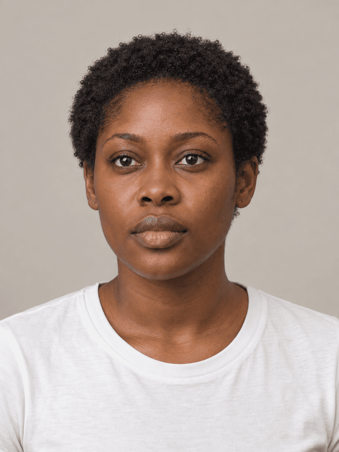 Short natural afro on a woman with dark brown skin and tightly coiled black hair, front view