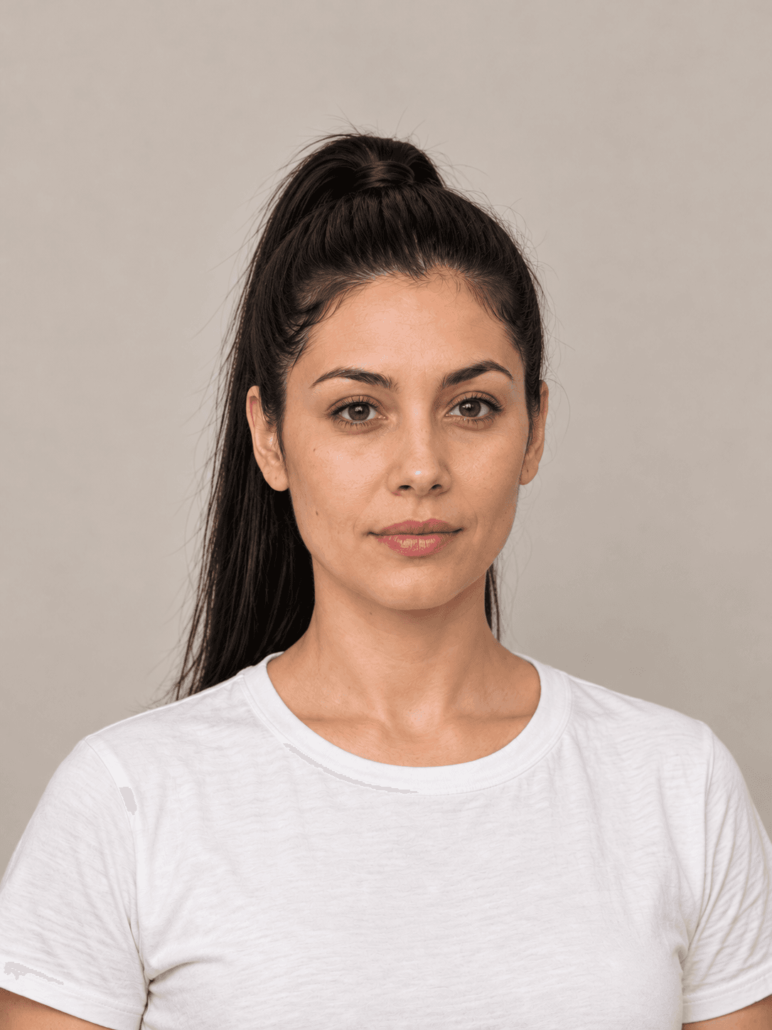 Sleek High Ponytail on a woman with light olive skin and straight black hair, front view