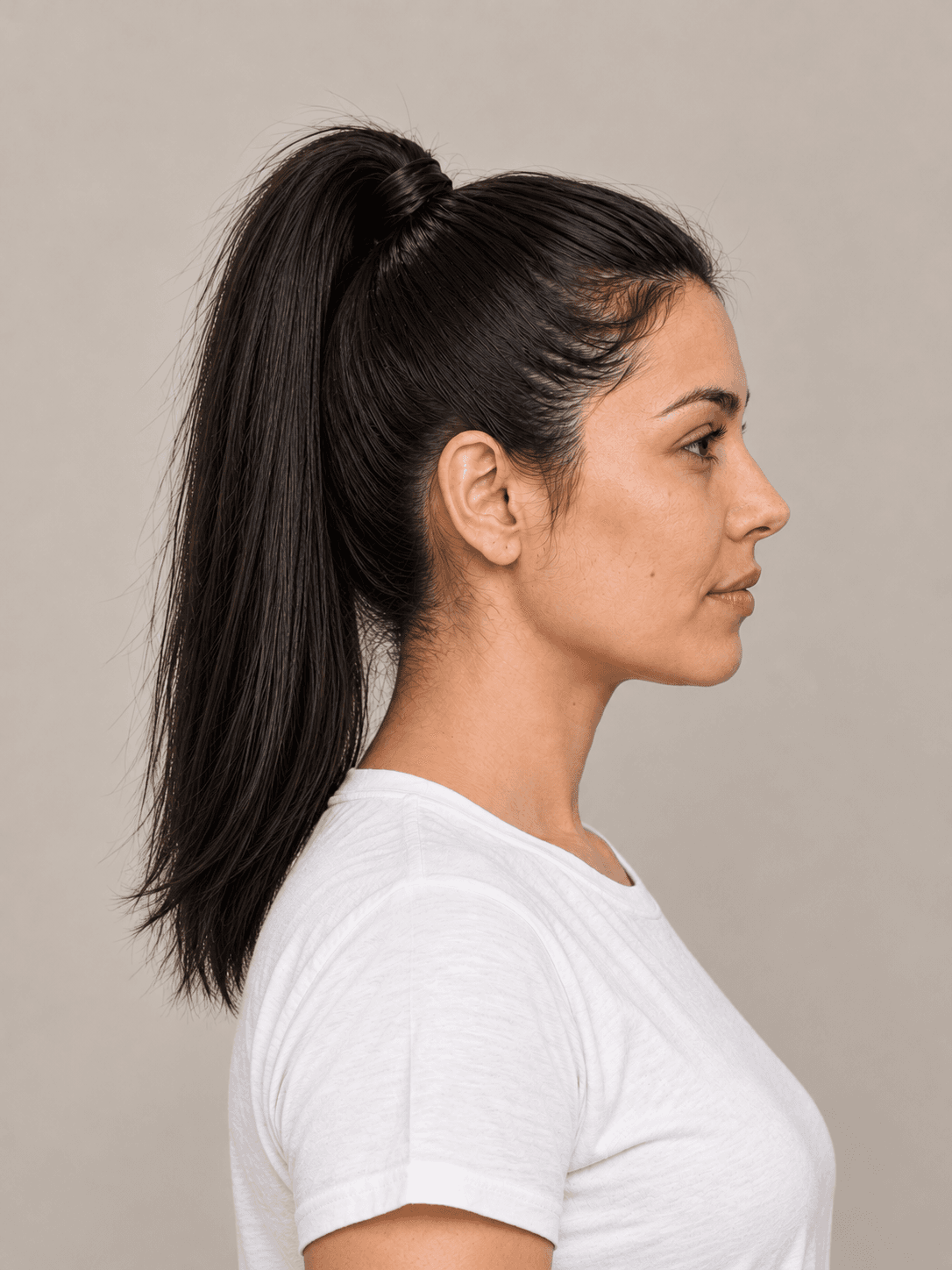 Sleek High Ponytail on a woman with light olive skin and straight black hair, side view