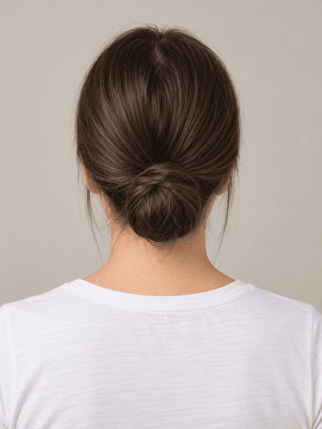 Sleek low bun on a woman with light skin and straight dark brown hair, back view