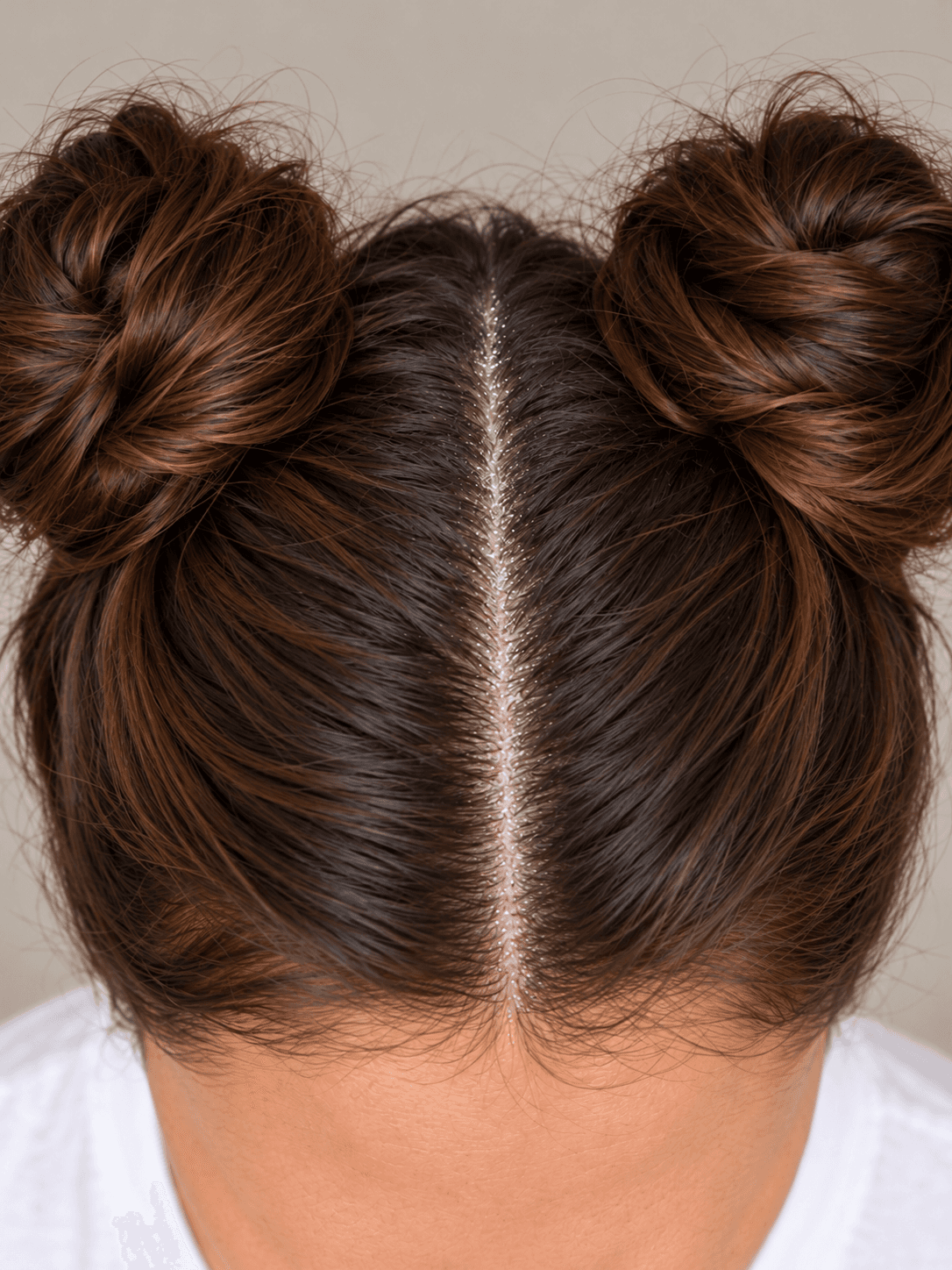 Space Buns with Glitter Roots on a woman with light olive skin and dark brown hair, close view from above of the centre part, the glitter and the base of each bun