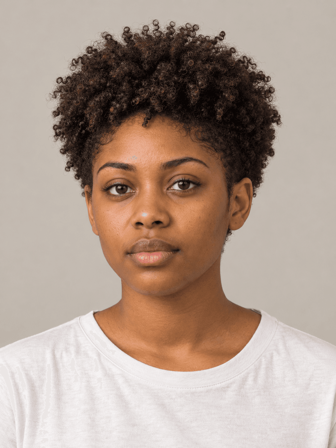 Tapered curly fro on a woman with warm brown skin and dark brown curls, front view
