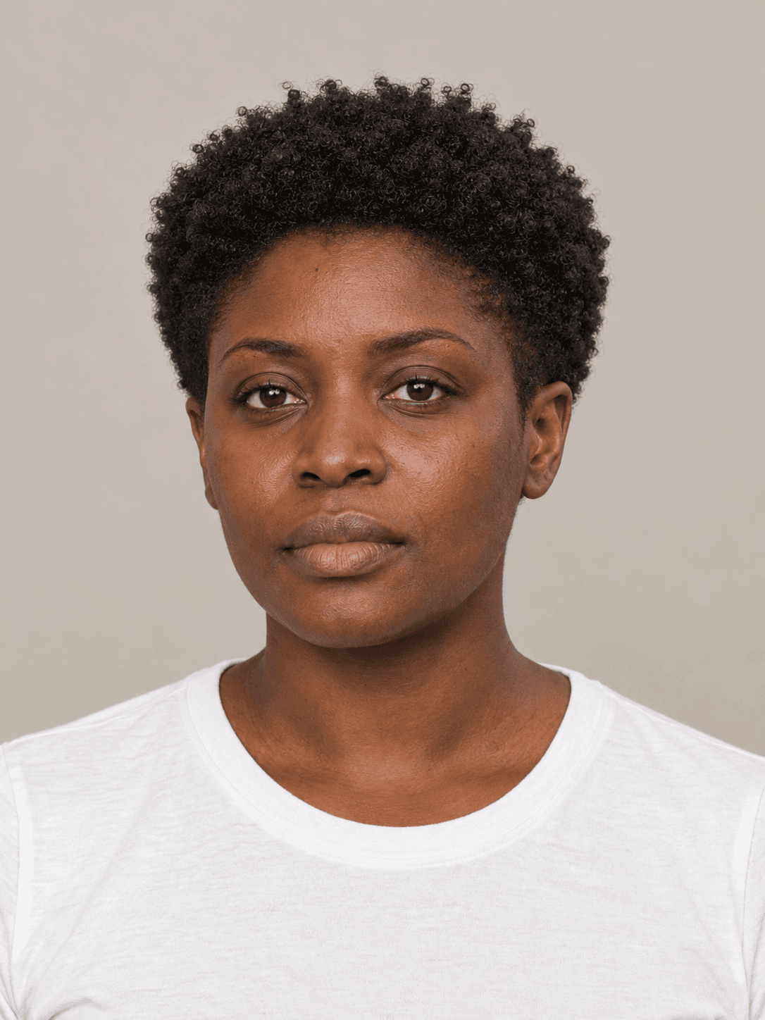 Tapered natural cut on a woman with deep brown skin and coily black hair, front view