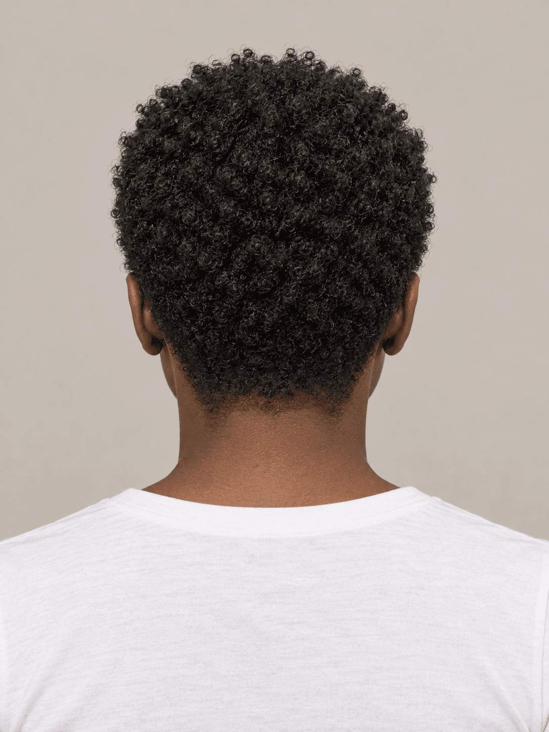 Tapered natural cut on a woman with deep brown skin and coily black hair, back view