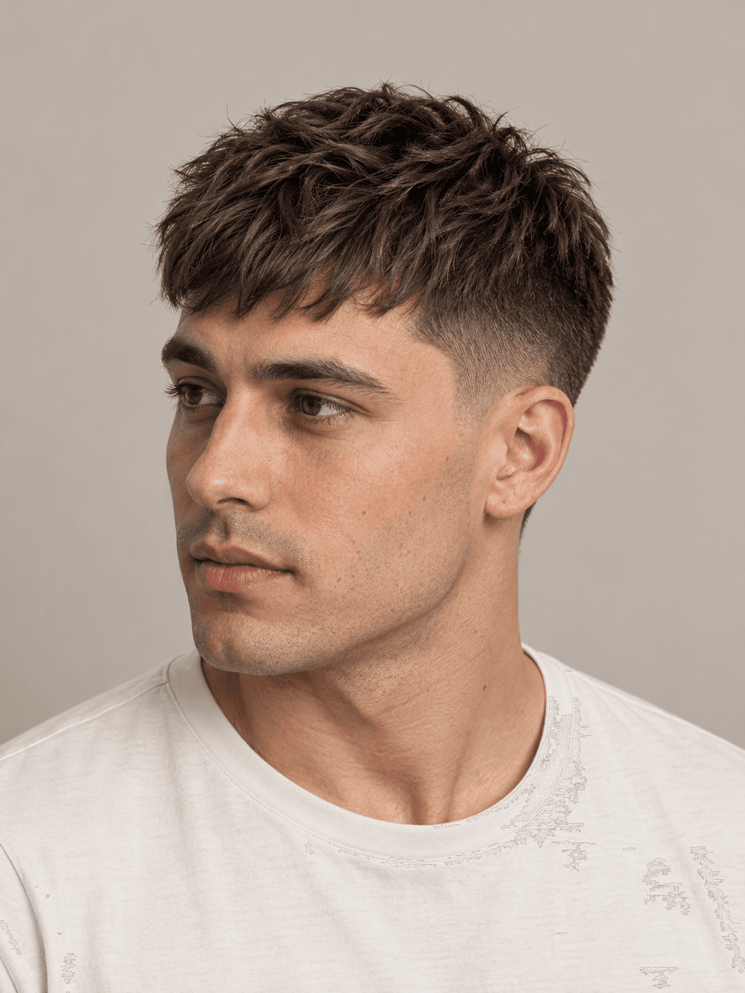 Textured crop hairstyle with a short fringe on a man with dark brown hair, three-quarter view