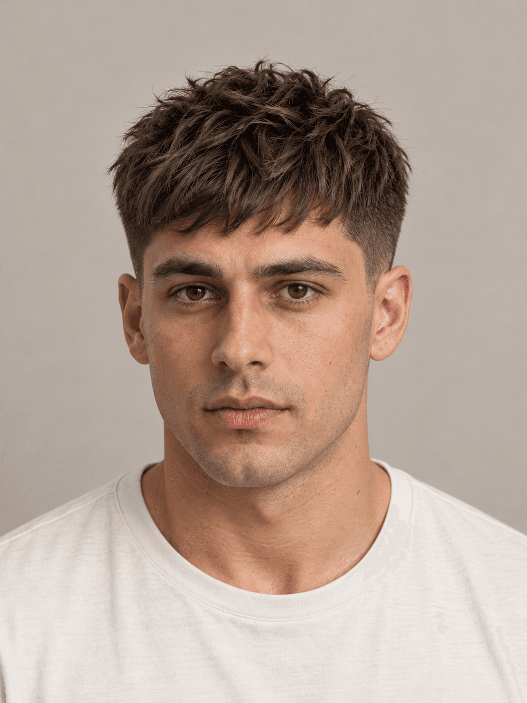 Textured crop hairstyle with a short fringe on a man with dark brown hair, front view