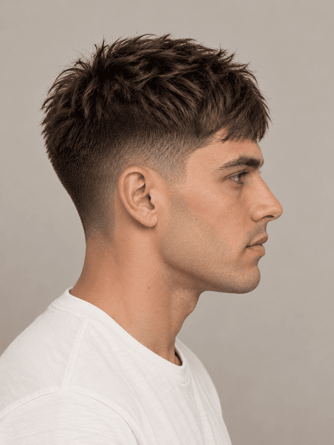Textured crop hairstyle with a short fringe on a man with dark brown hair, side view