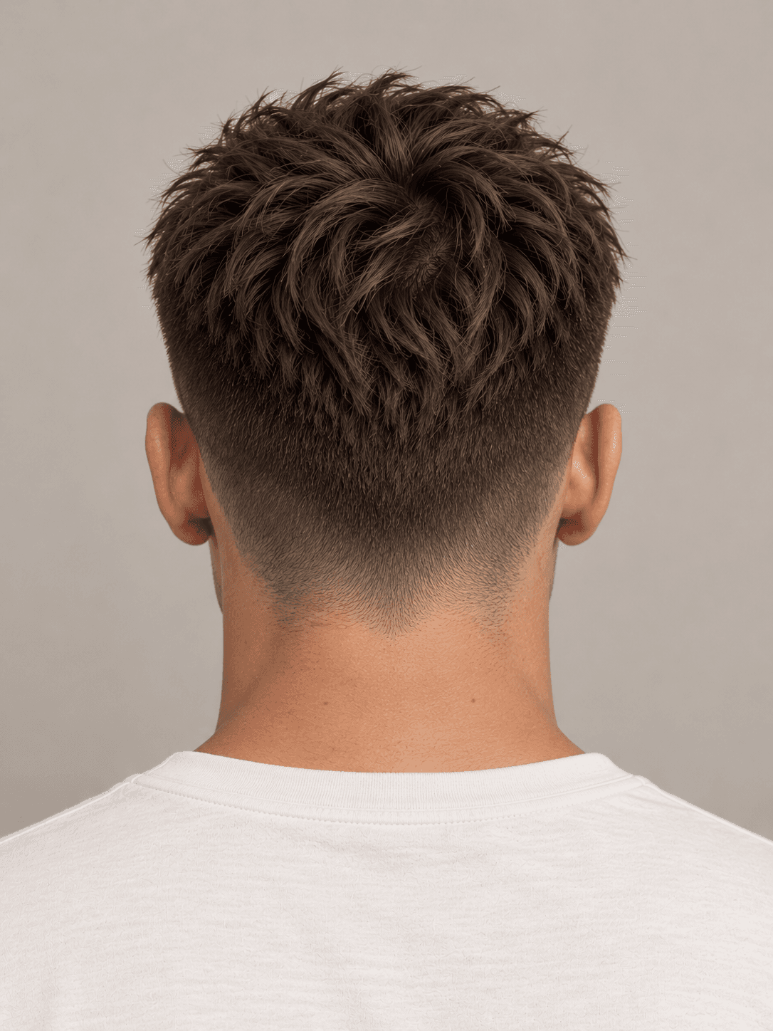 Textured crop hairstyle with a short fringe on a man with dark brown hair, back view