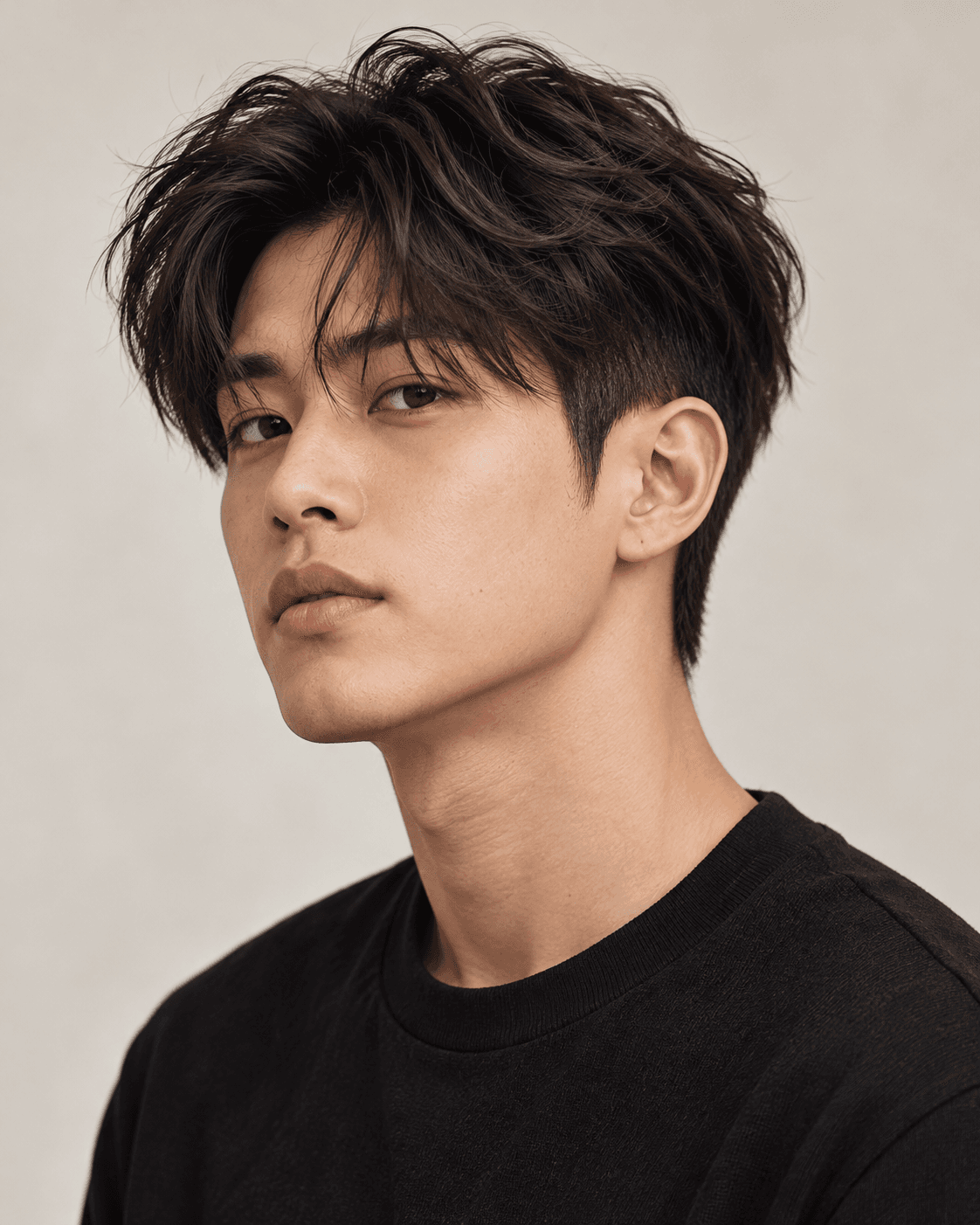 Two block hairstyle on a man with dark brown straight hair, three-quarter view