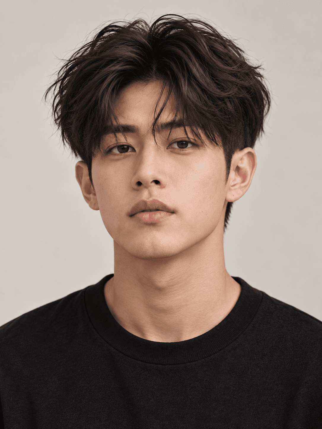 Two block hairstyle on a man with dark brown straight hair, front view