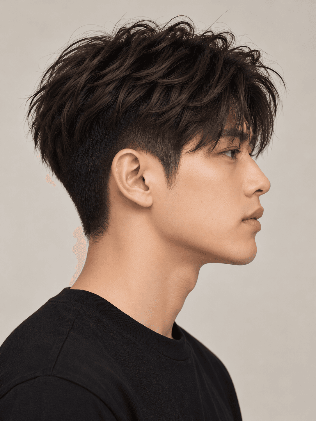 Two block hairstyle on a man with dark brown straight hair, side view