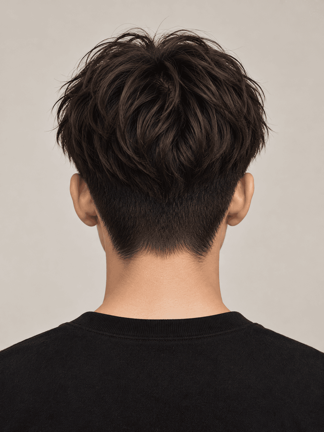 Two block hairstyle on a man with dark brown straight hair, back view