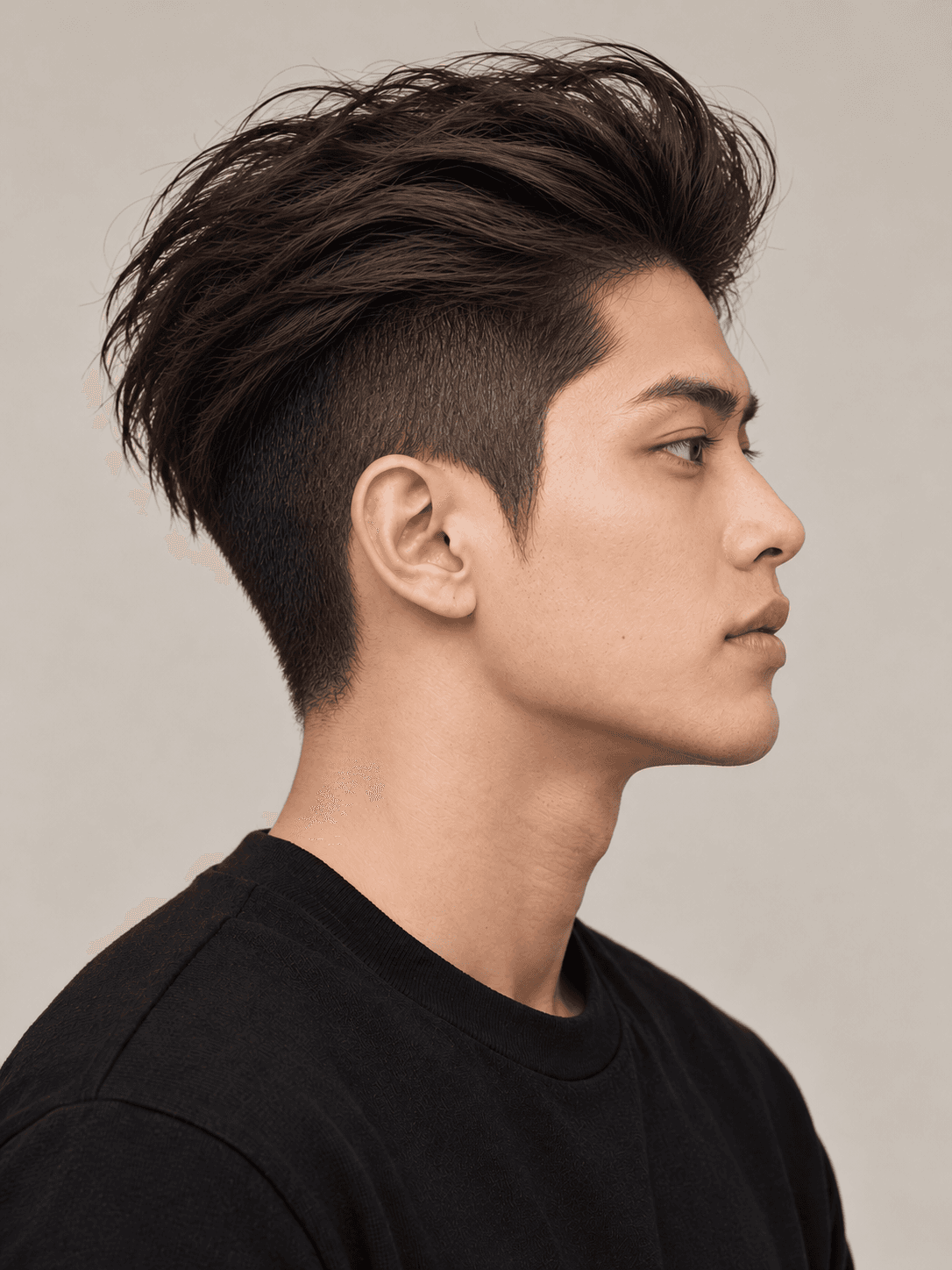 Two block hairstyle on a man with dark brown straight hair, side view showing the short undercut below the long top