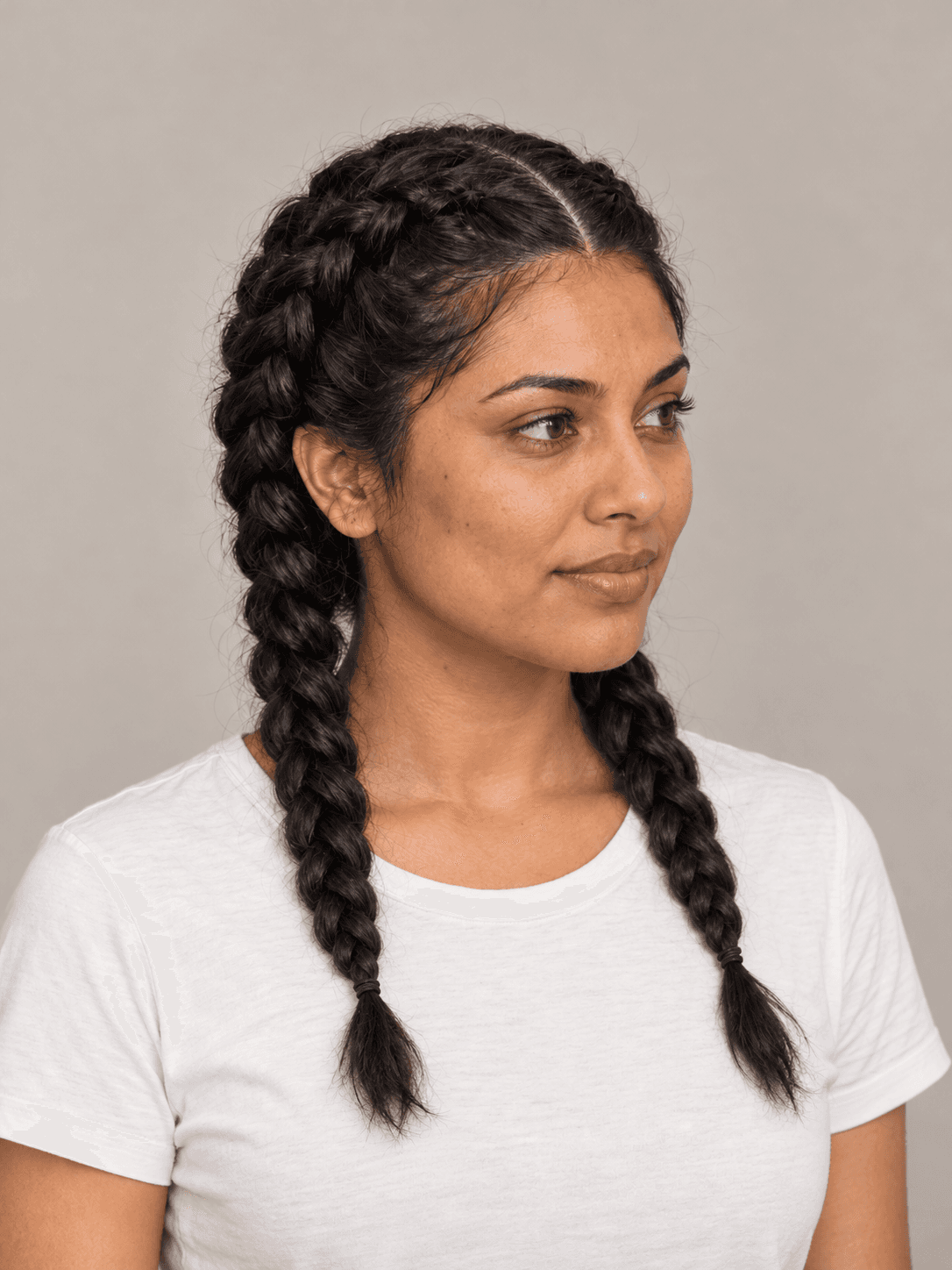 Two Dutch Braids on a woman with brown skin and black hair, three-quarter view