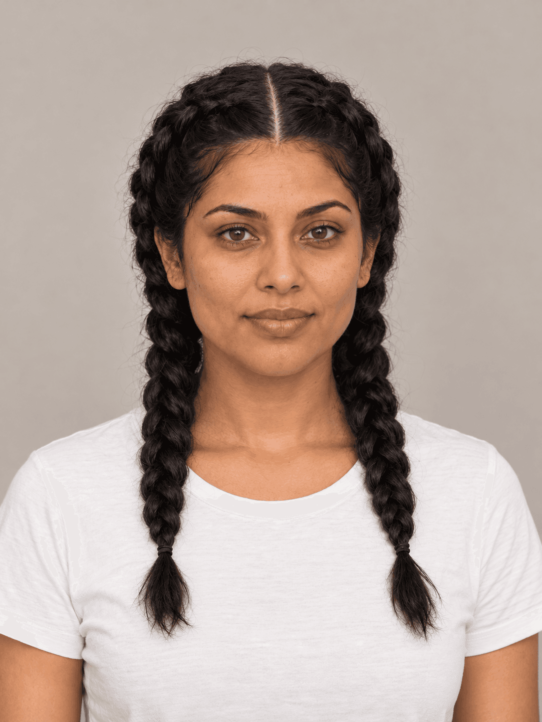 Two Dutch Braids on a woman with brown skin and black hair, front view
