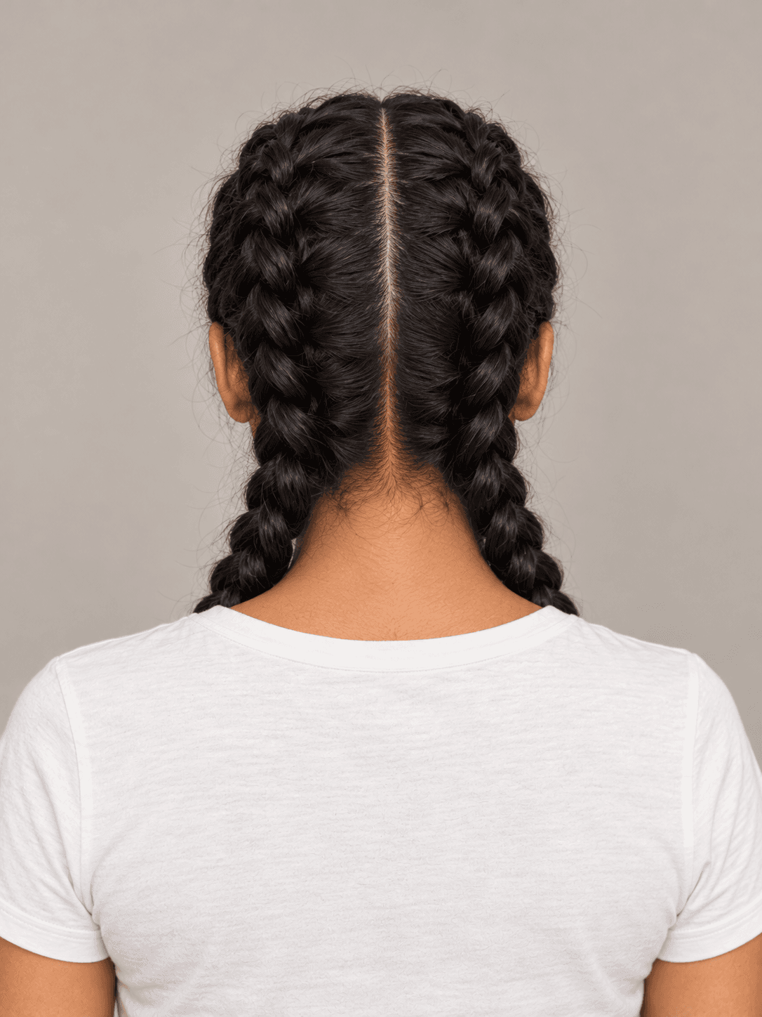 Two Dutch Braids on a woman with brown skin and black hair, back view