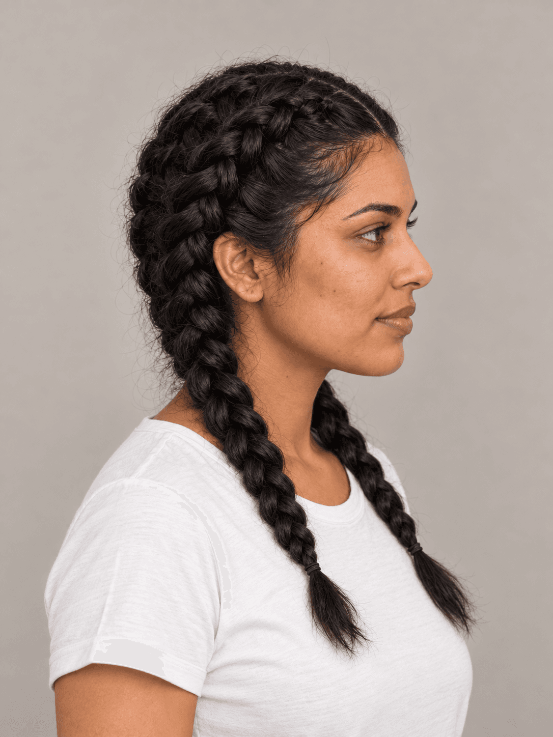 Two Dutch Braids on a woman with brown skin and black hair, side view