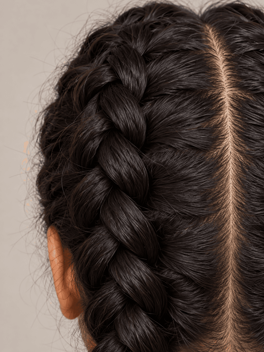 Two Dutch Braids on a woman with brown skin and black hair, close view from the back of one braid at the crown, its strands crossed under
