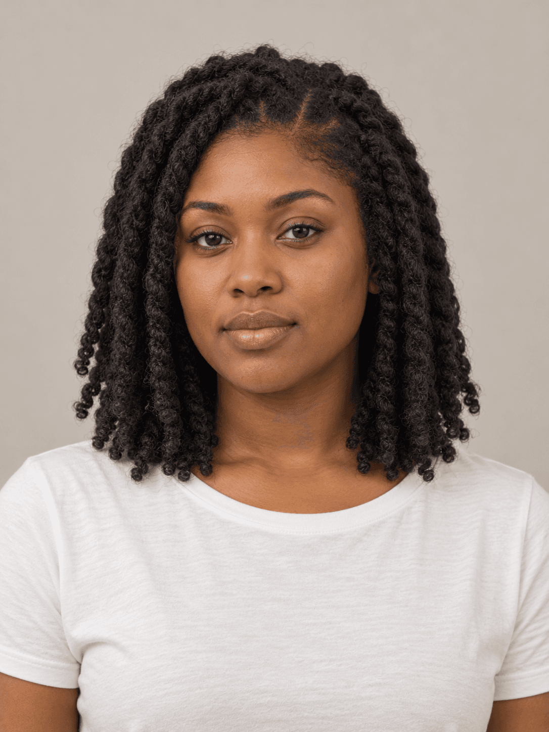 Two-strand twists on a woman with dark brown skin and coily hair, front view