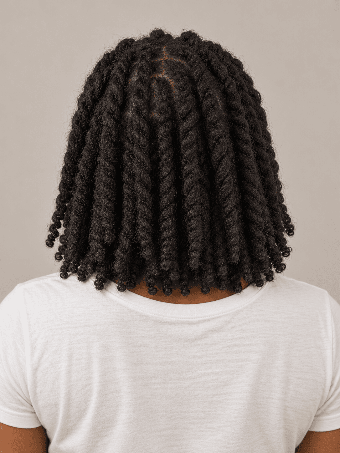 Two-strand twists on a woman with dark brown skin and coily hair, back view