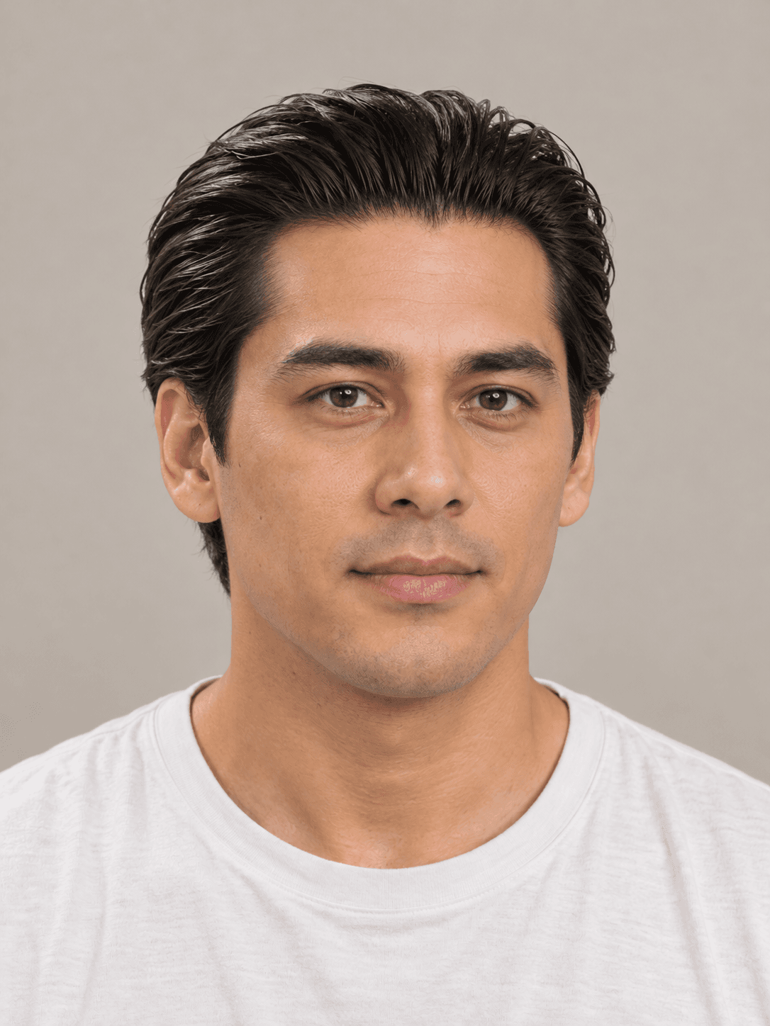 Vampire Slick-Back on a man with light tan skin and black hair, front view