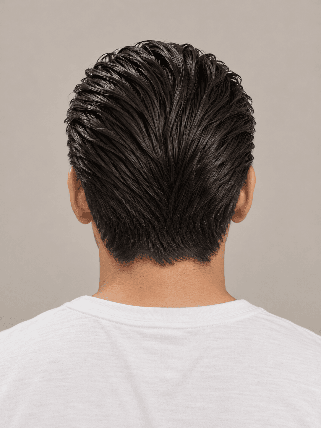 Vampire Slick-Back on a man with light tan skin and black hair, back view