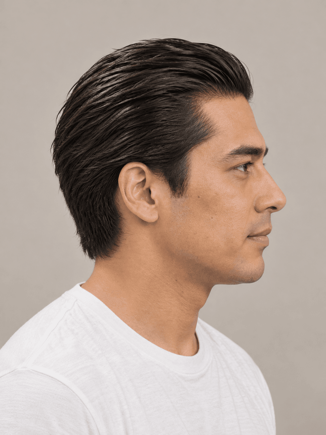 Vampire Slick-Back on a man with light tan skin and black hair, side view