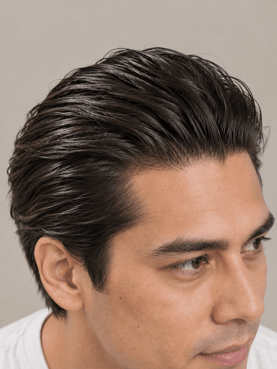 Vampire Slick-Back on a man with light tan skin and black hair, close view of the hair combed back, showing the comb lines and the shine