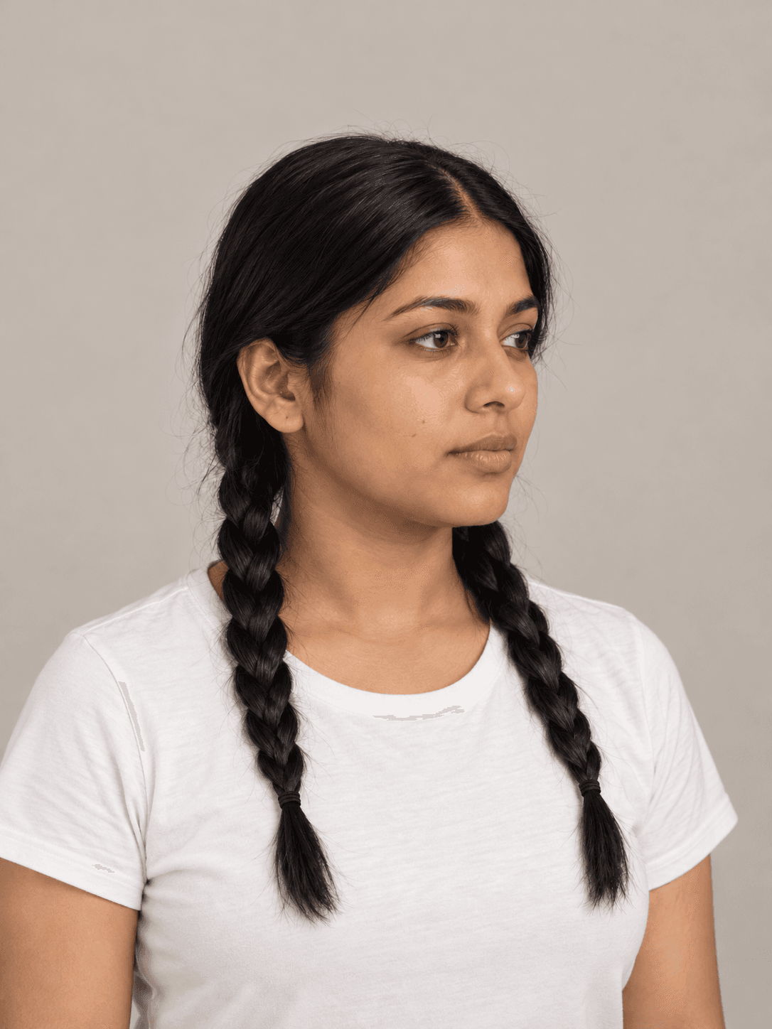 Wednesday Addams Braids on a woman with light brown skin and straight black hair, three-quarter view