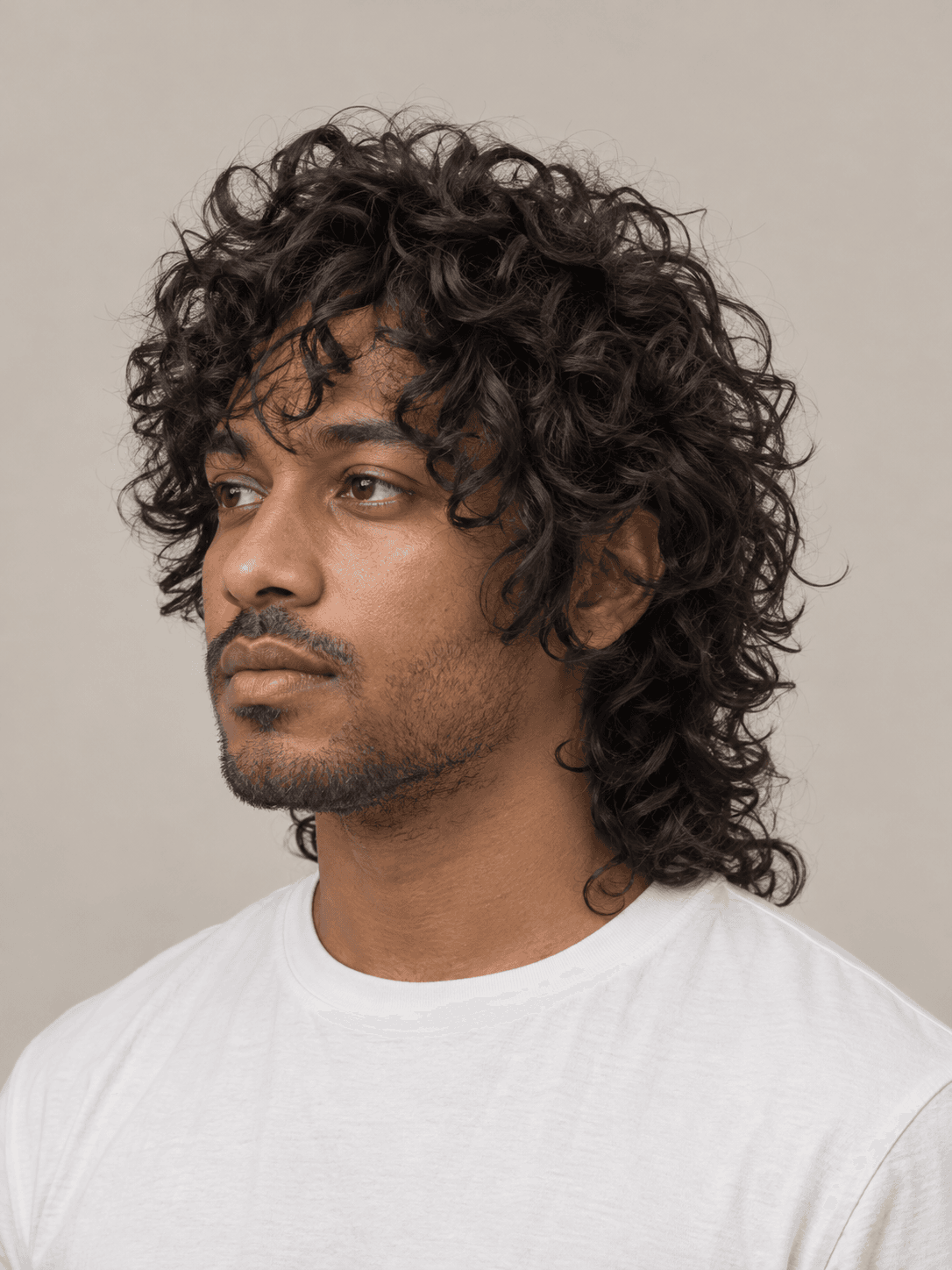 Wolf cut hairstyle on a man with dark curly hair, three-quarter view