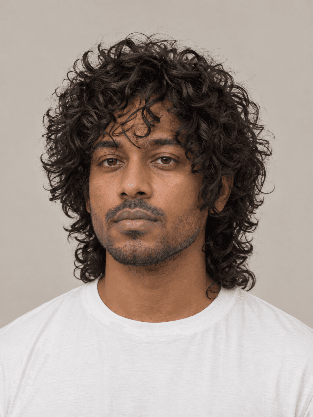 Wolf cut hairstyle on a man with dark curly hair, front view